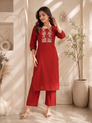 Women's new stylish trendy red cotton silk embroidery work straight kurti with trousers 3