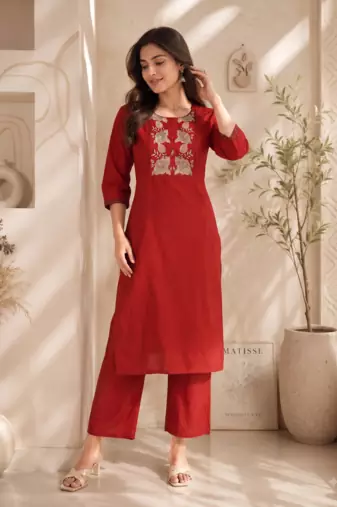 Women's new stylish trendy red cotton silk embroidery work straight kurti with trousers