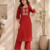 Women's new stylish trendy red cotton silk embroidery work straight kurti with trousers