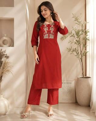 Women's new stylish trendy red cotton silk embroidery work straight kurti with trousers 3
