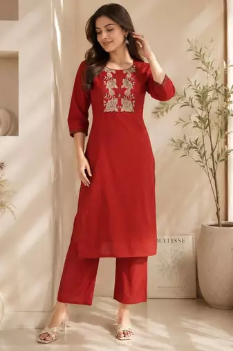 Women's new stylish trendy red cotton silk embroidery work straight kurti with trousers