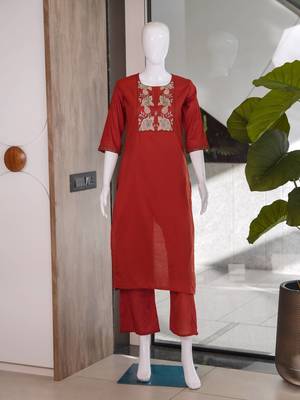Women's new stylish trendy red cotton silk embroidery work straight kurti with trousers 4