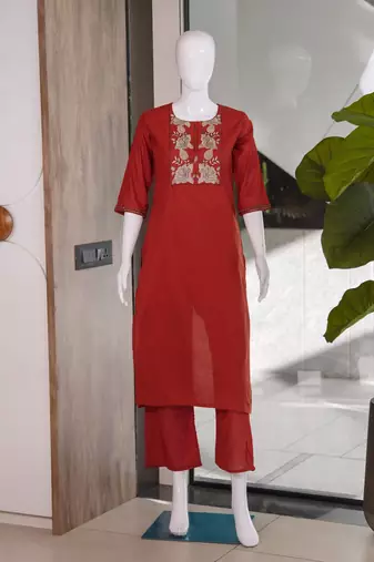 Women's new stylish trendy red cotton silk embroidery work straight kurti with trousers