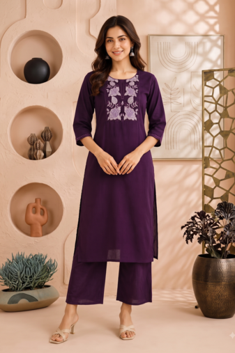 Women's new stylish trendy deep wine cotton silk embroidery work straight kurti with trousers