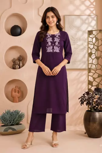 Women's new stylish trendy deep wine cotton silk embroidery work straight kurti with trousers