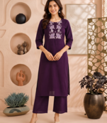 Women's new stylish trendy deep wine cotton silk embroidery work straight kurti with trousers