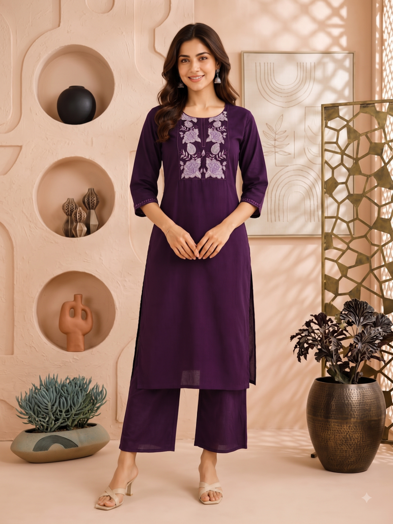 Women's new stylish trendy deep wine cotton silk embroidery work straight kurti with trousers