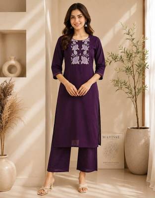 Women's new stylish trendy deep wine cotton silk embroidery work straight kurti with trousers 1