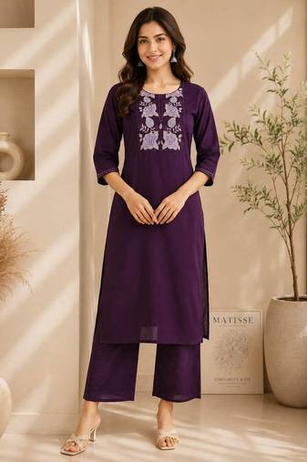 Women's new stylish trendy deep wine cotton silk embroidery work straight kurti with trousers