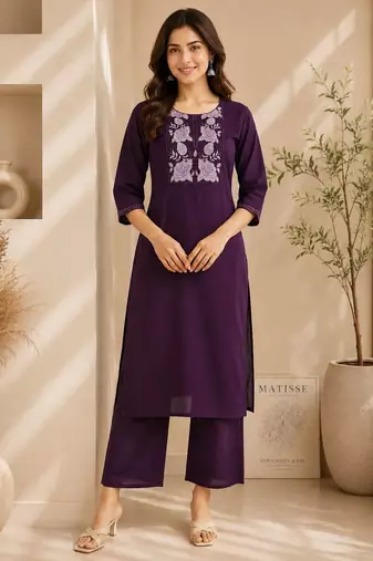 Women's new stylish trendy deep wine cotton silk embroidery work straight kurti with trousers
