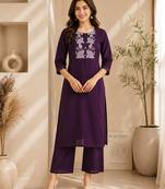 Women's new stylish trendy deep wine cotton silk embroidery work straight kurti with trousers