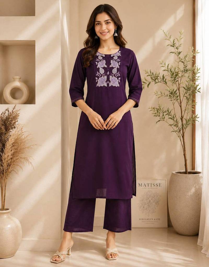 Women's new stylish trendy deep wine cotton silk embroidery work straight kurti with trousers