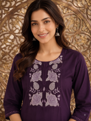 Women's new stylish trendy deep wine cotton silk embroidery work straight kurti with trousers 2
