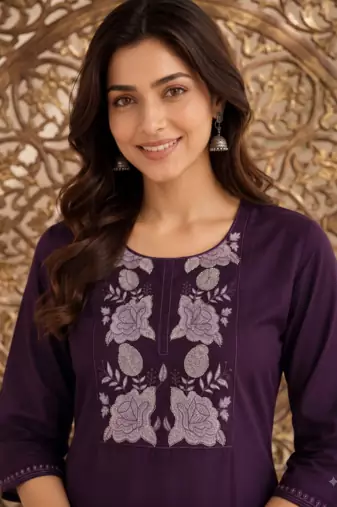 Women's new stylish trendy deep wine cotton silk embroidery work straight kurti with trousers