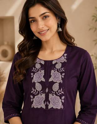Women's new stylish trendy deep wine cotton silk embroidery work straight kurti with trousers 2