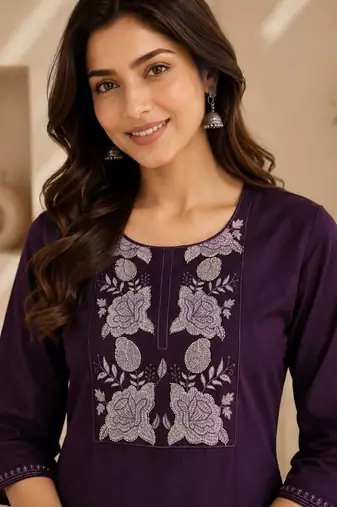 Women's new stylish trendy deep wine cotton silk embroidery work straight kurti with trousers