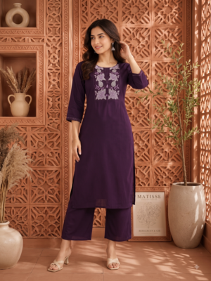 Women's new stylish trendy deep wine cotton silk embroidery work straight kurti with trousers 3