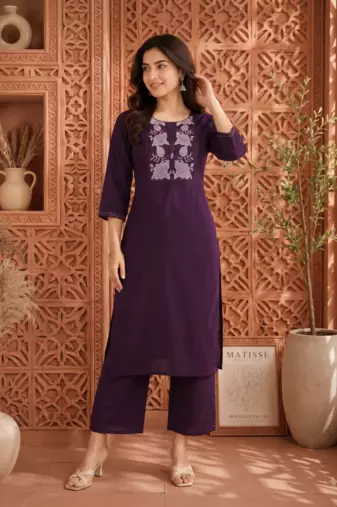 Women's new stylish trendy deep wine cotton silk embroidery work straight kurti with trousers