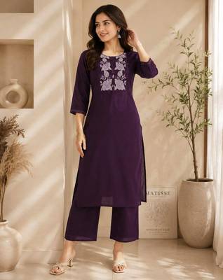 Women's new stylish trendy deep wine cotton silk embroidery work straight kurti with trousers 3