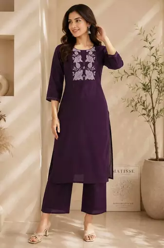Women's new stylish trendy deep wine cotton silk embroidery work straight kurti with trousers