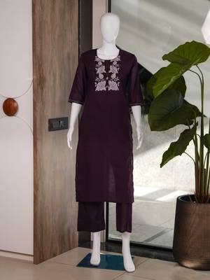 Women's new stylish trendy deep wine cotton silk embroidery work straight kurti with trousers 4