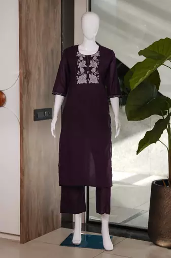 Women's new stylish trendy deep wine cotton silk embroidery work straight kurti with trousers
