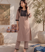 Women's new stylish brown  cotton blend straight kurta with pants and embroidered yoke