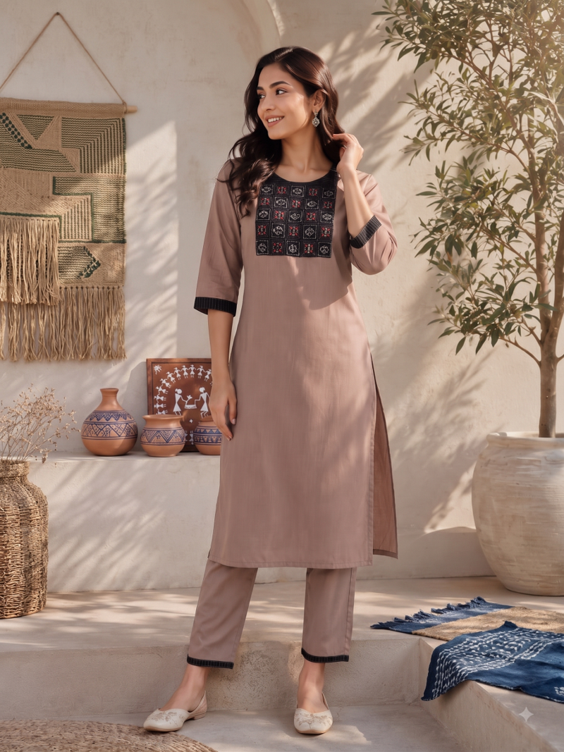 Women's new stylish brown  cotton blend straight kurta with pants and embroidered yoke