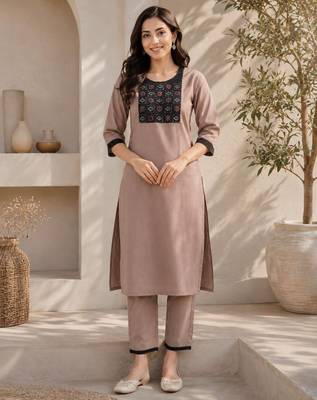 Women's new stylish brown  cotton blend straight kurta with pants and embroidered yoke 1