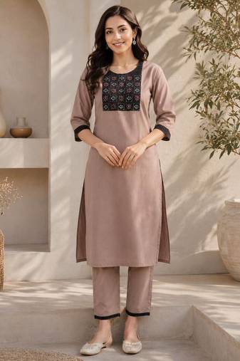 Women's new stylish brown  cotton blend straight kurta with pants and embroidered yoke