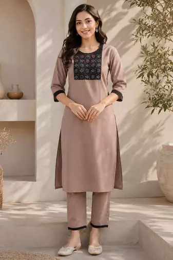 Women's new stylish brown  cotton blend straight kurta with pants and embroidered yoke