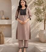 Women's new stylish brown  cotton blend straight kurta with pants and embroidered yoke