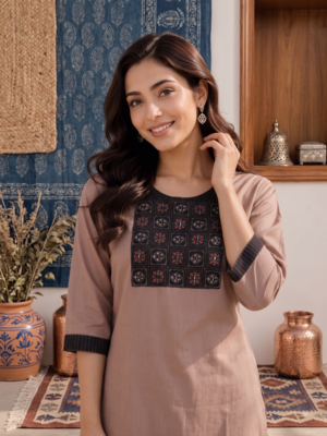 Women's new stylish brown  cotton blend straight kurta with pants and embroidered yoke 2