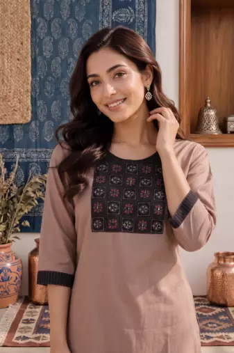 Women's new stylish brown  cotton blend straight kurta with pants and embroidered yoke