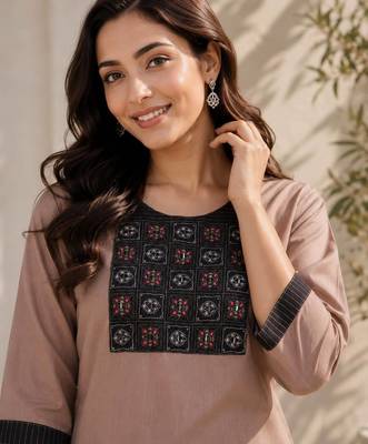 Women's new stylish brown  cotton blend straight kurta with pants and embroidered yoke 2