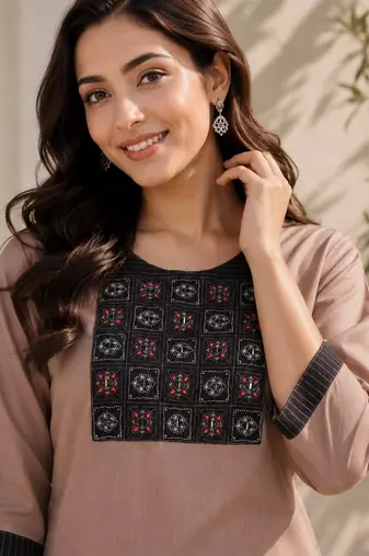 Women's new stylish brown  cotton blend straight kurta with pants and embroidered yoke