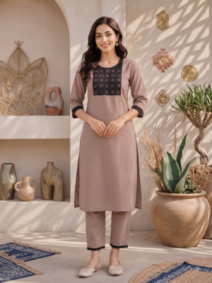 Women's new stylish brown  cotton blend straight kurta with pants and embroidered yoke 3