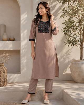 Women's new stylish brown  cotton blend straight kurta with pants and embroidered yoke 3