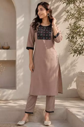 Women's new stylish brown  cotton blend straight kurta with pants and embroidered yoke