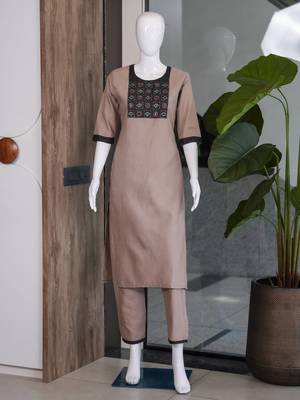Women's new stylish brown  cotton blend straight kurta with pants and embroidered yoke 4