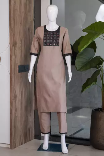 Women's new stylish brown  cotton blend straight kurta with pants and embroidered yoke