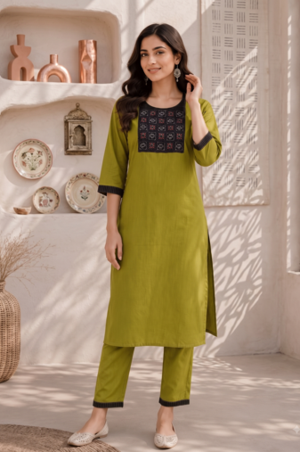 Women's new stylish green  cotton blend straight kurta with pants and embroidered yoke