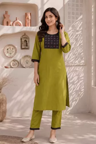 Women's new stylish green  cotton blend straight kurta with pants and embroidered yoke