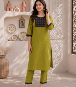 Women's new stylish green  cotton blend straight kurta with pants and embroidered yoke