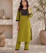 Women's new stylish green  cotton blend straight kurta with pants and embroidered yoke