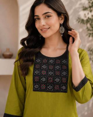 Women's new stylish green  cotton blend straight kurta with pants and embroidered yoke 2