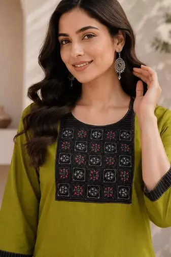 Women's new stylish green  cotton blend straight kurta with pants and embroidered yoke