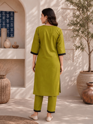 Women's new stylish green  cotton blend straight kurta with pants and embroidered yoke 3