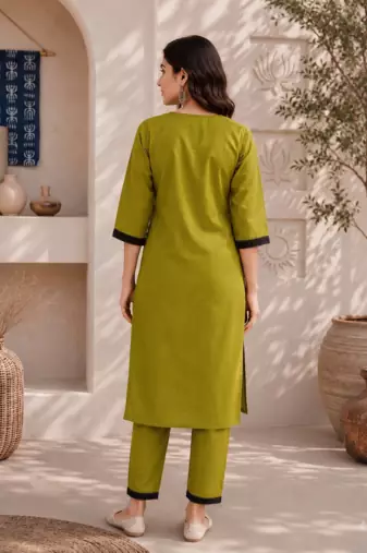 Women's new stylish green  cotton blend straight kurta with pants and embroidered yoke