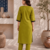 Women's new stylish green  cotton blend straight kurta with pants and embroidered yoke